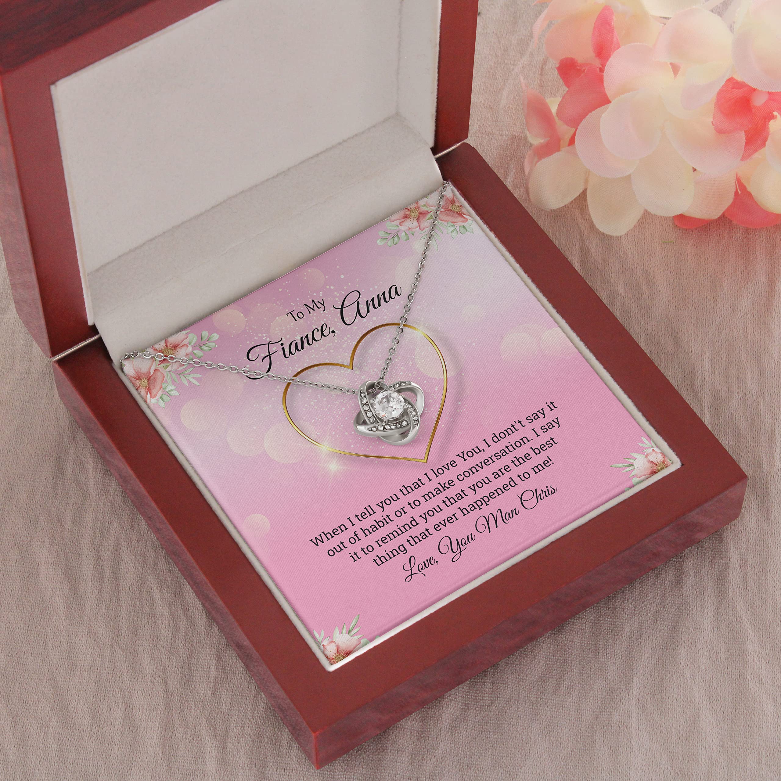 Personalized Love Knot Necklace for Fiancé - Engravable Couple Necklace with Message Card & Gift Box - Romantic Birthday, Anniversary, Christmas & Thanksgiving Jewelry Gift - Perfect for Proposals, Weddings & Special Occasions