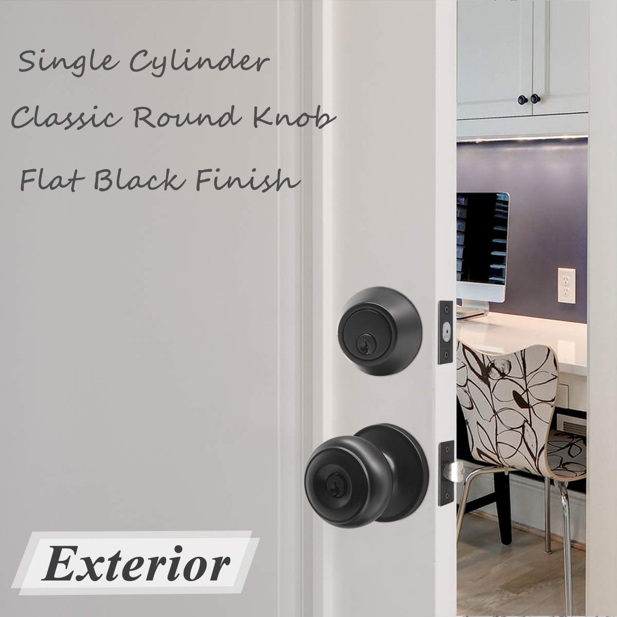 6 Pack Round Ball Front Door Keyed Entry Knobs with Single Cylinder Deadbolt Combo Set - Flat Black, Keyed Alike - Secure Home Entry for Houses, Apartments & Offices