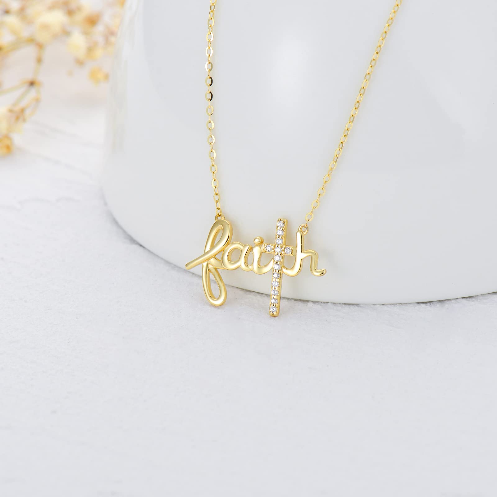14K Gold Faith Cross Necklace for Women - Moissanite Religious Pendant with 16+2 Inch Chain - Hope Believe Jewelry Gift for Mom, Wife - Perfect for Anniversary, Birthday & Mother's Day - Church, Wedding & Everyday Wear