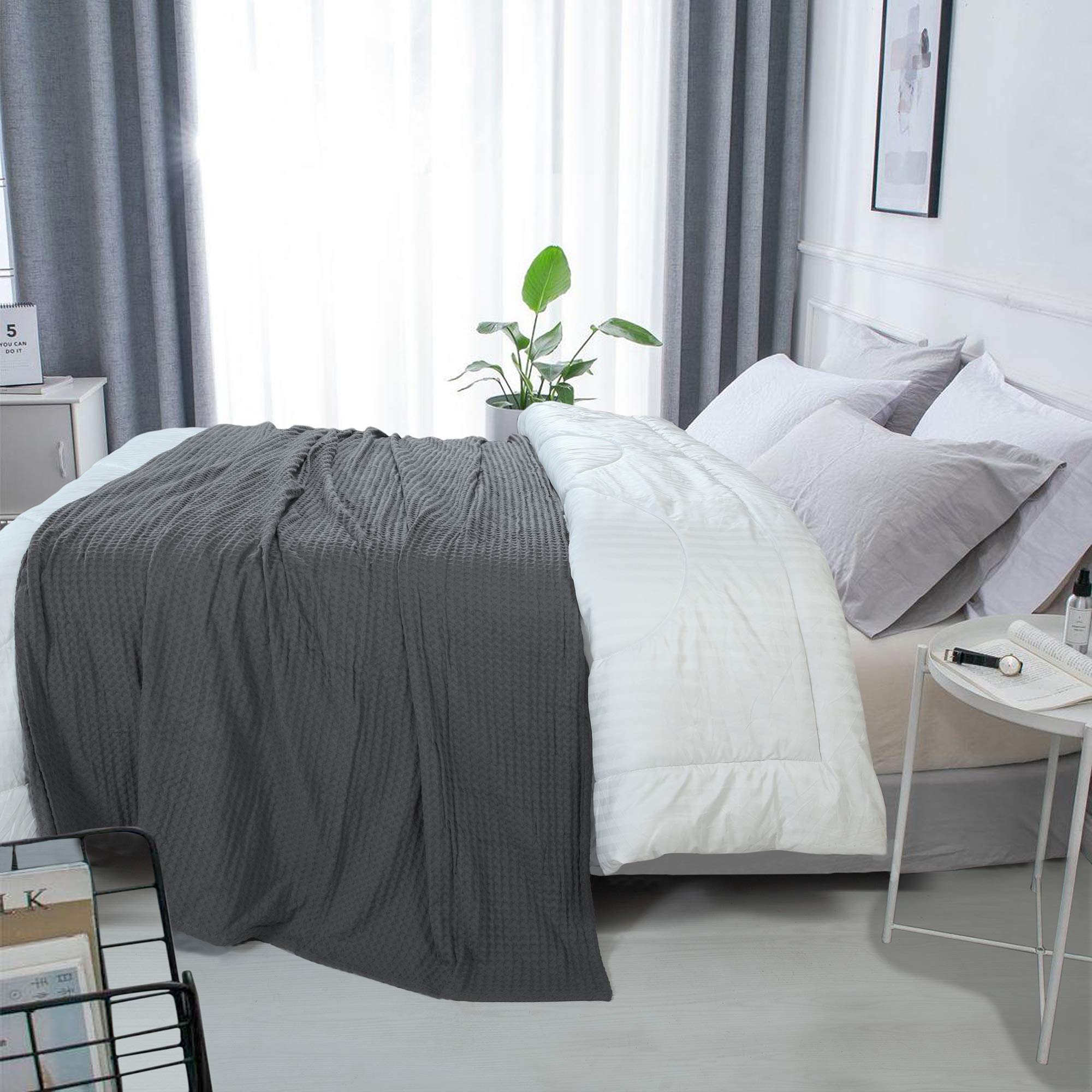 HILLFAIR 100% Combed Cotton King Size Blanket – Soft, Breathable & Lightweight for All Seasons – Waffle Weave Grey Bed Blanket for Home Decor – Perfect for Summer, Winter & Cozy Nights