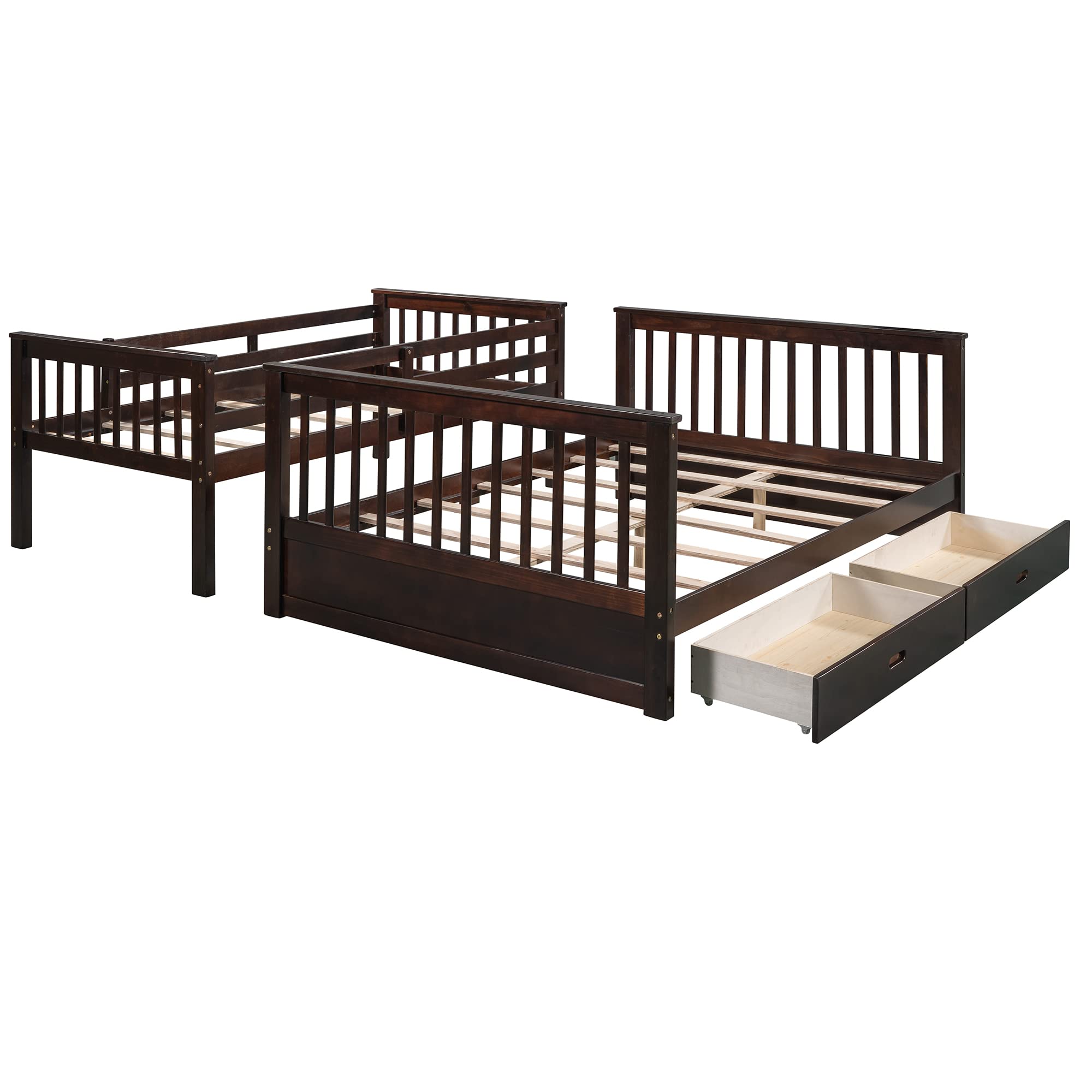 Solid Wood Twin Over Full Bunk Bed with Storage Drawers & Guardrails - Sturdy Bunk Bed Frame for Kids, Teens & Adults - No Box Spring Needed - Espresso Finish - Perfect for Small Bedrooms, Guest Rooms & Vacation Homes
