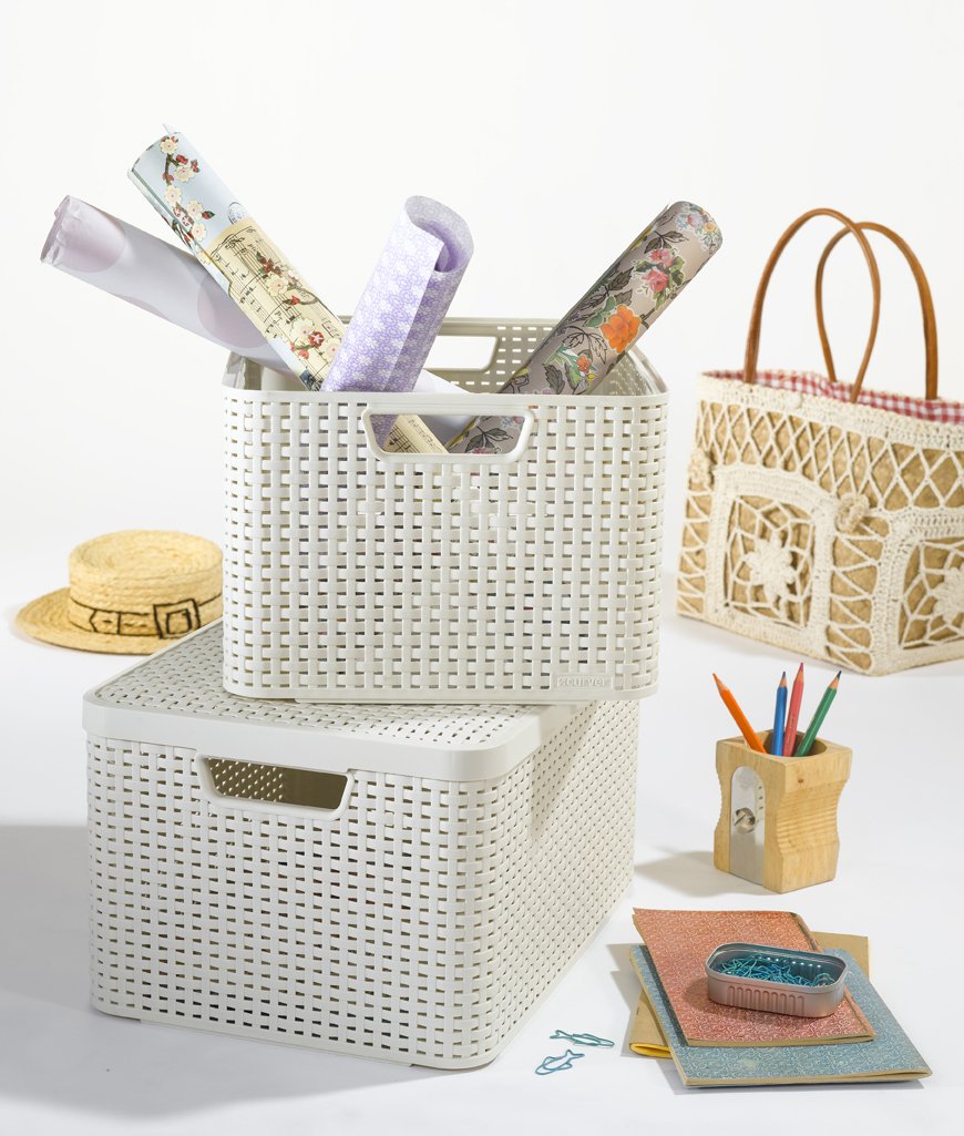 CURVER 3-Piece Style S Storage Box Set with Lids - White Plastic Organizer Bins for Home, Office & Closet Organization