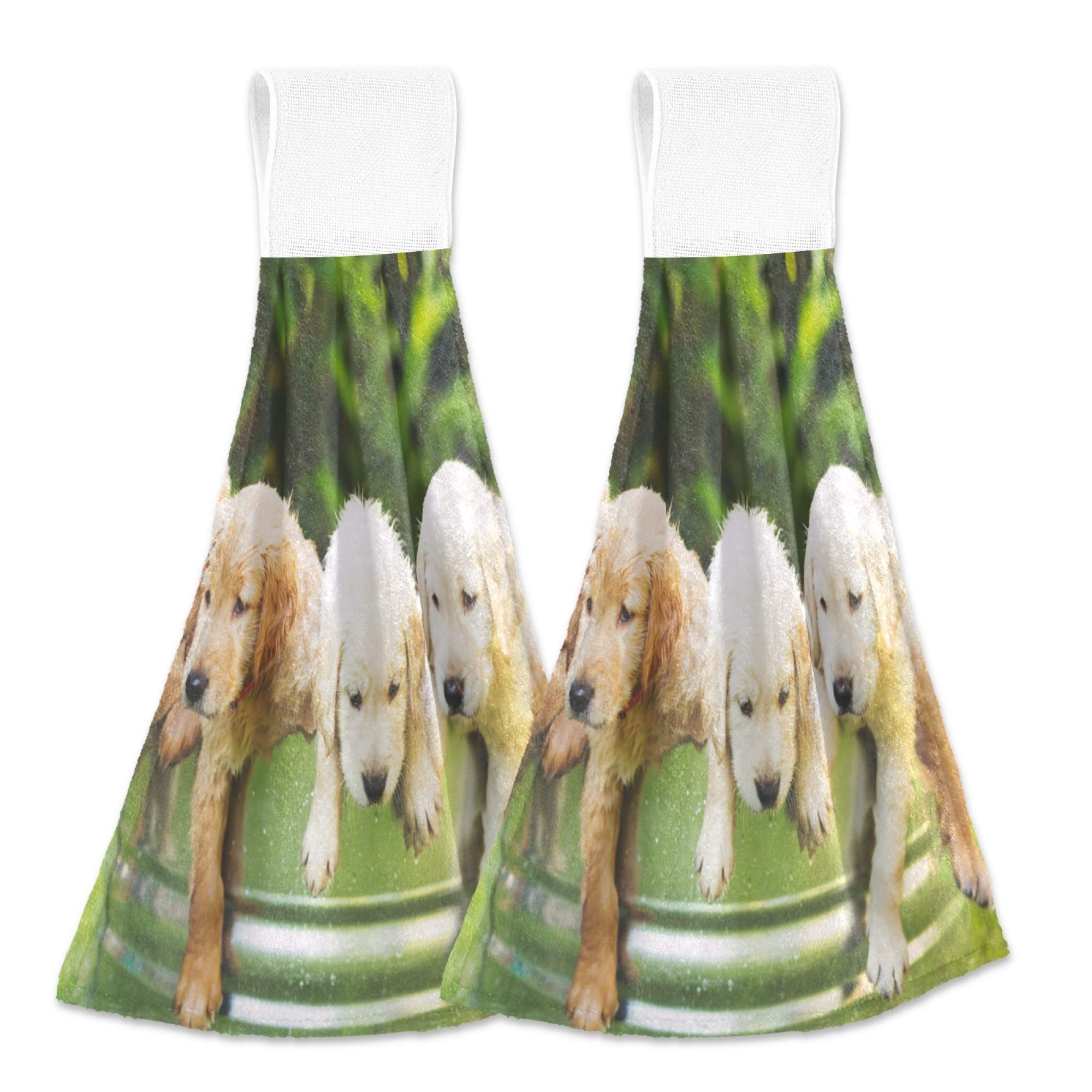Golden Retriever Puppies Kitchen Towels Set of 2 - Fast Drying, Absorbent Dish & Tea Towels for Bathroom, Tabletop, Gym - Spring Floral Design with Hanging Loop for Home Decor & Daily Use