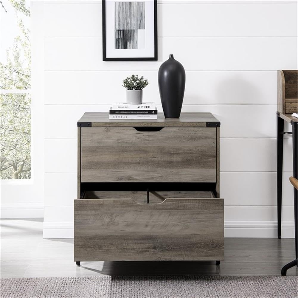 Walker Edison Harrison Modern Farmhouse 2-Drawer Angle Iron Filing Cabinet, 30 Inch Grey Wash - Stylish Home Office Storage for Documents & Supplies