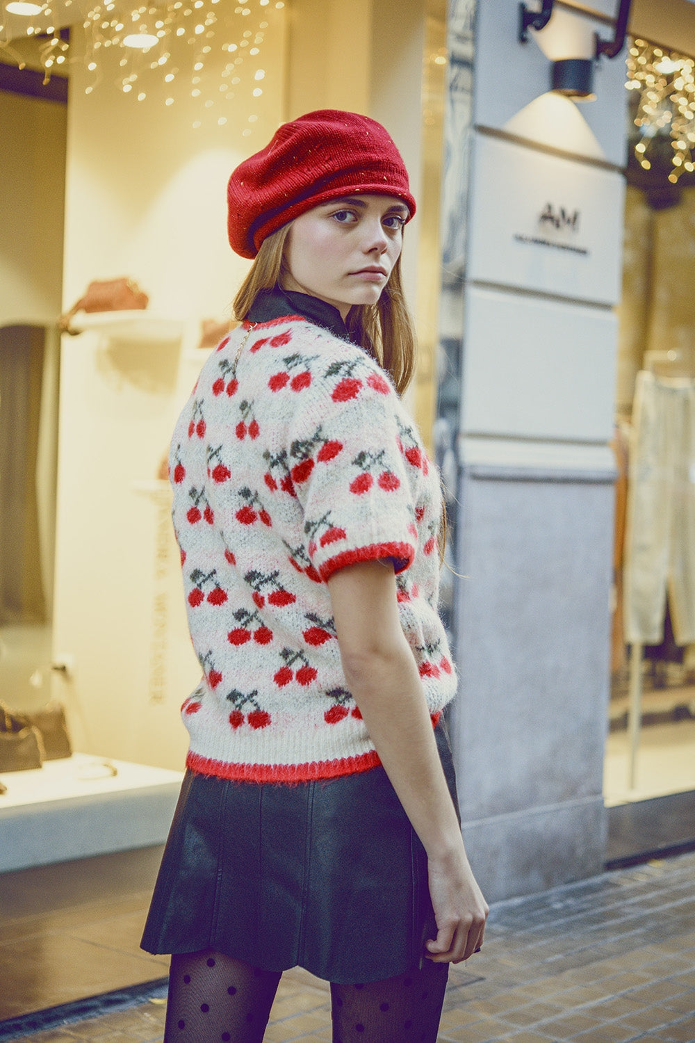 Women's Short Sleeve Pullover Sweater in Ecru with Cherry Print - Casual Spring Outfit & Cozy Fall Layering