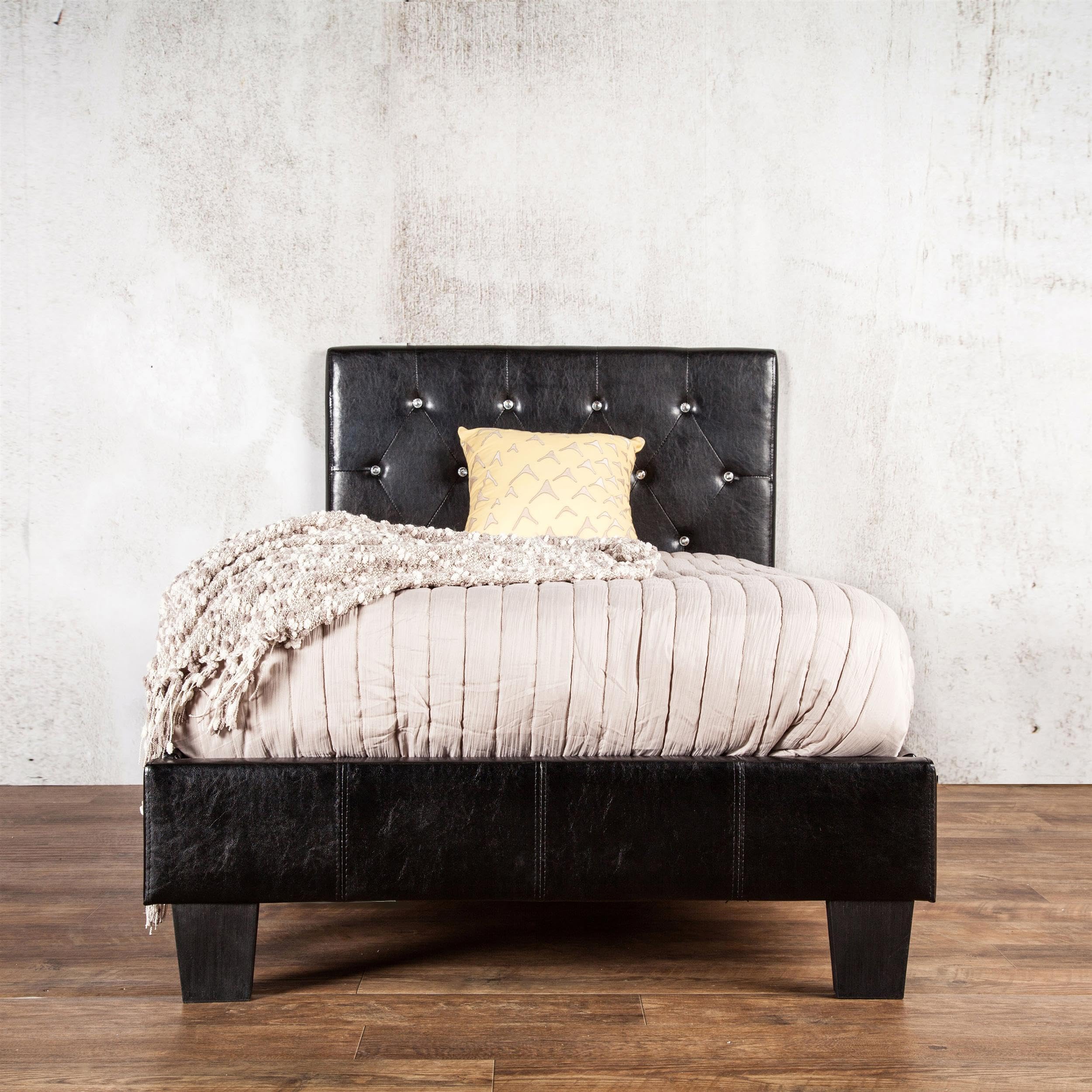Furniture of America Kylen Faux Leather Twin Size Platform Bed Frame in Black - Modern Minimalist Bedroom Furniture for Small Spaces & Guest Rooms