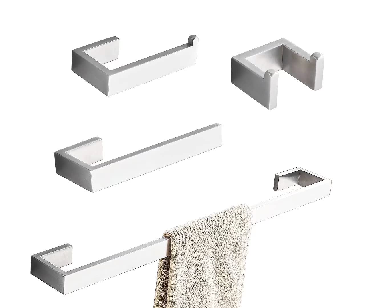 4-Piece Brushed Nickel Towel Bar Set - SUS304 Stainless Steel Bathroom Hardware Accessory with Towel Rod, Toilet Paper Holder & Double Robe Hook - Perfect for Modern Bathrooms, Spas and Luxury Hotels