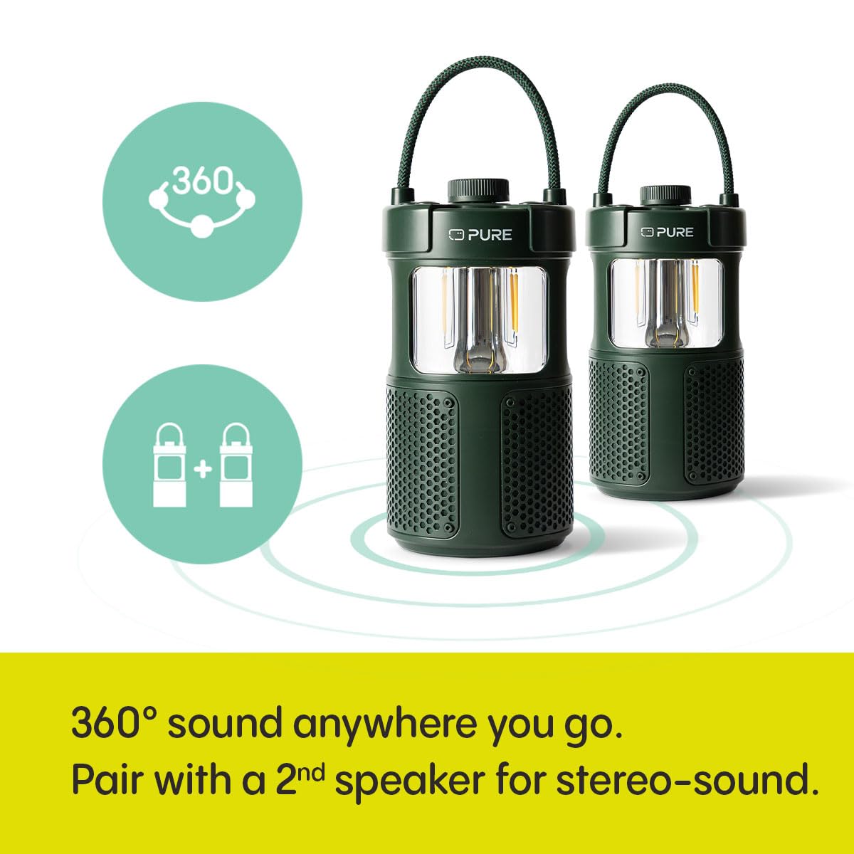 Pure Woodland Glow Outdoor Bluetooth Speaker with LED Light - Bluetooth 5.3, 360° Surround Sound, IPX6 Waterproof, 14-Hour Battery Life | Perfect for Garden Parties, Camping Trips & Backyard Gatherings (Green)