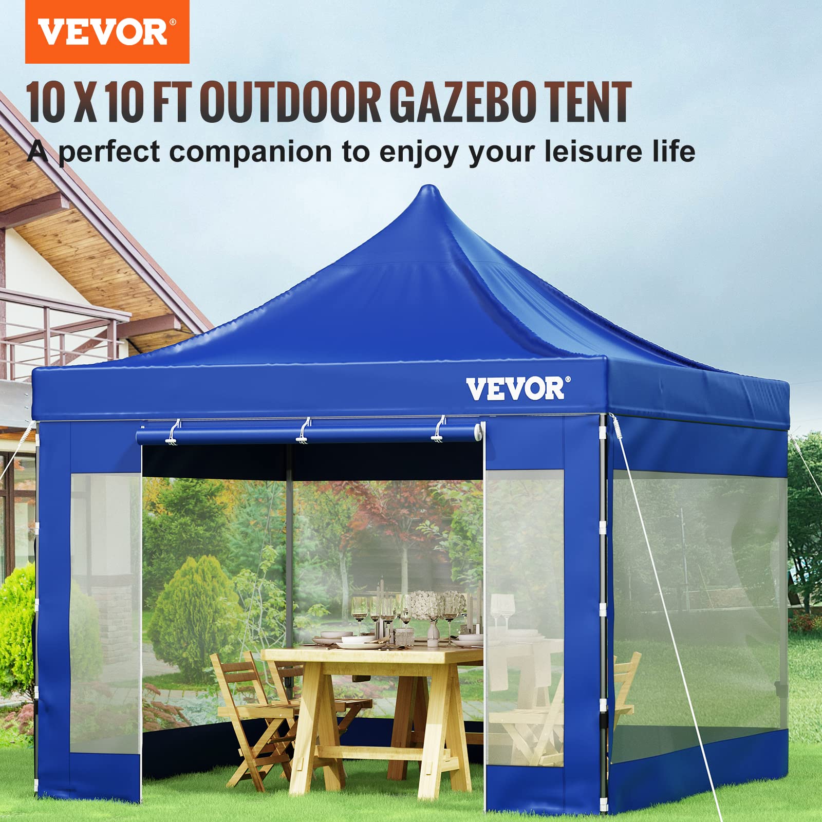 VEVOR 10x10 Pop Up Canopy Tent with Removable Sidewalls & Wheeled Carry Bag - Instant Portable Shelter for Outdoor Events, UV-Resistant Waterproof Gazebo for Camping, Parties, Farmers Markets, Beach & Backyard Gatherings - Blue Commercial Grade Canopy Tent