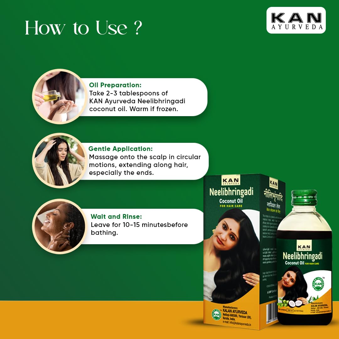KAN AYURVEDA Neelibhringadi Coconut Hair Oil 200ml - Ayurvedic Hair Growth Treatment with Natural Ingredients from Kerala | Promotes Thicker, Longer & Healthier Hair | Perfect for Daily Hair Care, Scalp Massage & Ayurvedic Hair Therapy