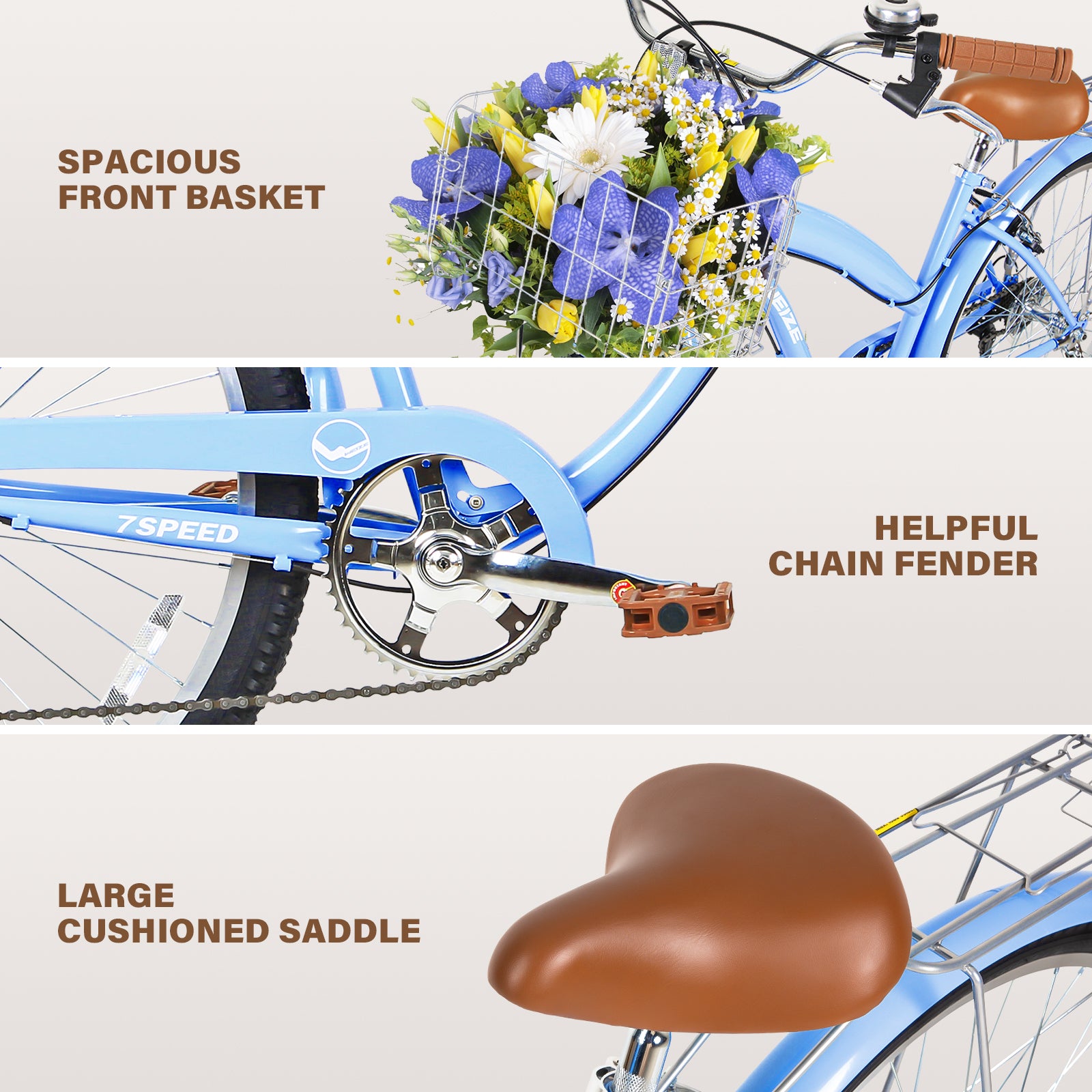WEIZE 26 Inch Blue Beach Cruiser Bike for Adults - 7 Speed Comfortable Commuter Bicycle with Padded Seat - Perfect for Beach Rides, City Commuting & Leisure Cycling