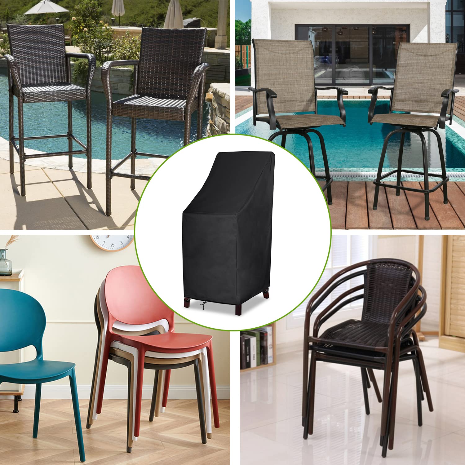 Heavy Duty 600D Waterproof Stackable Patio Chair Covers - High Back Outdoor Dining Chair Protectors for Lawn, Barstool & Garden Furniture (2 Pack, Fits 4-6 Chairs, 27