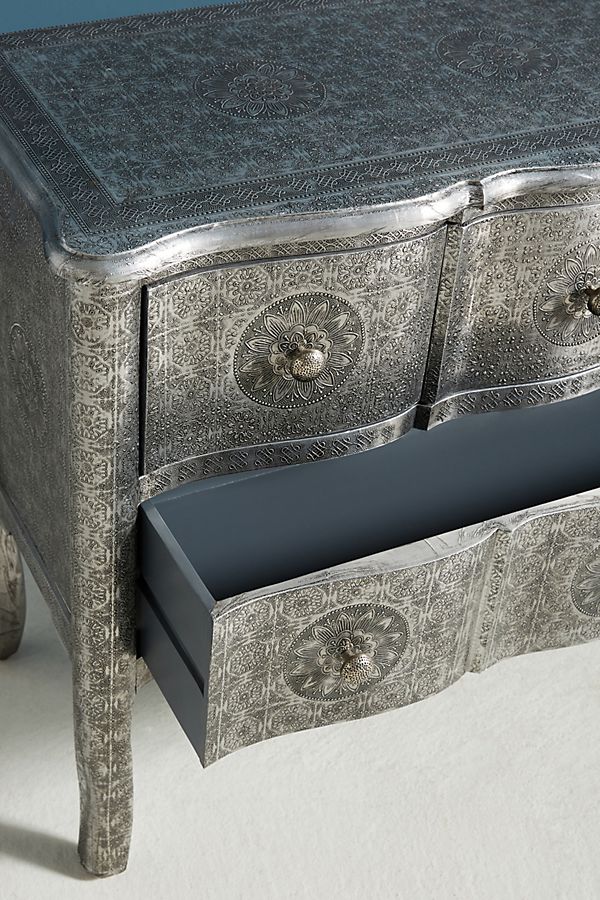 Hand Embossed 4-Drawer Dresser in German Silver | Vintage Metal Chest of Drawers for Bedroom, Living Room & Office Storage