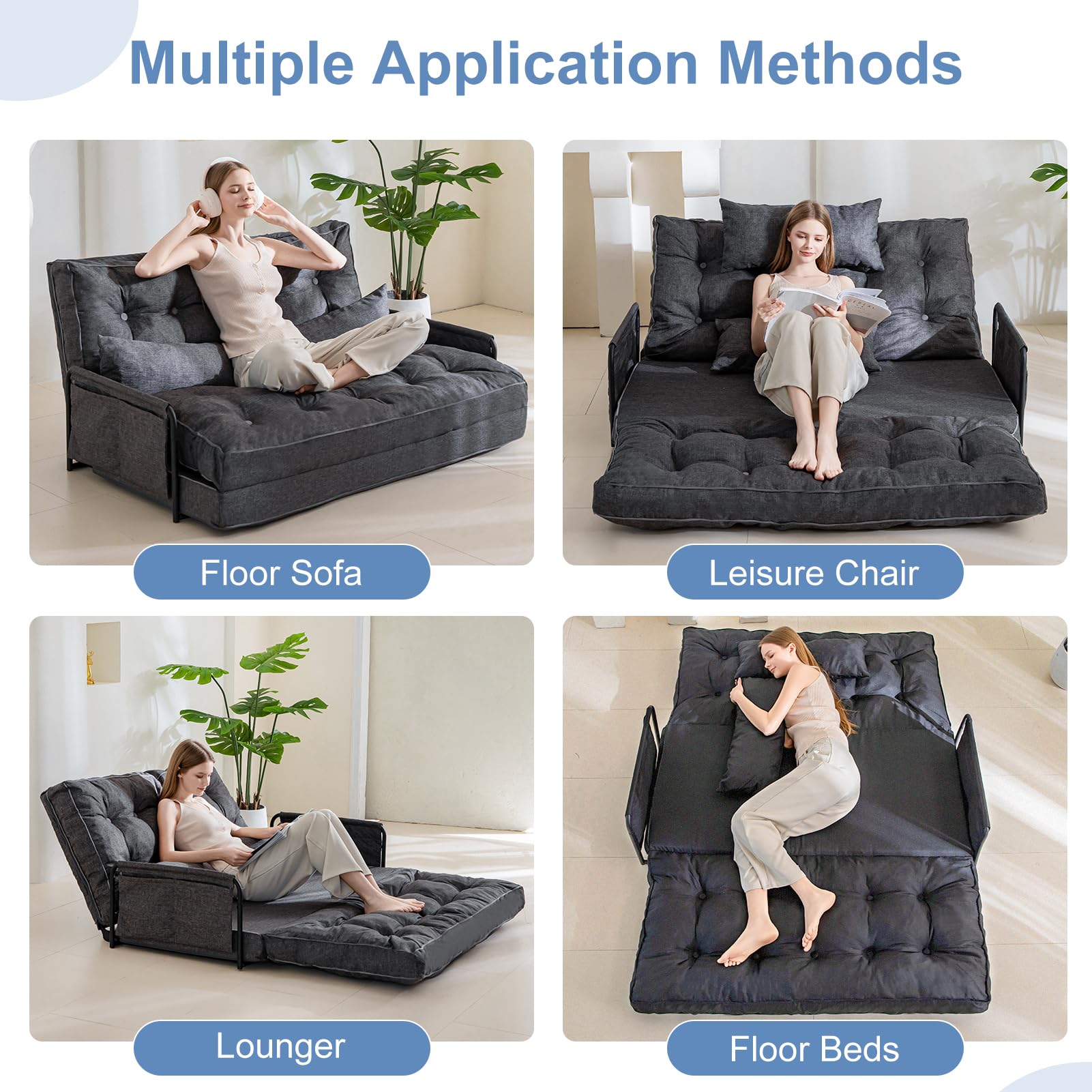 MAXYOYO Adjustable Floor Sofa Bed - Multi-Functional Folding Couch Bed with 2 Pillows, Grey - Perfect for Small Spaces, Guest Rooms & Living Room Lounging