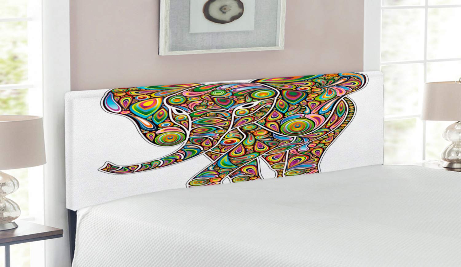 Ambesonne Psychedelic Upholstered Headboard - Large Eastern Elephant Trippy Boho Art Design, Decorative Metal Bed Headboard with Memory Foam - Queen Size Multicolor for Bedroom Decor & Bohemian Style Home