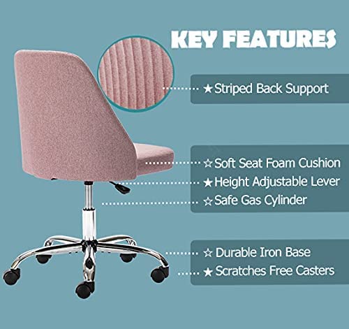 Ergonomic Home Office Desk Chair - Adjustable Low Back Rolling Vanity Chair with Wheels, Modern Twill Upholstered Cute Chair for Bedroom, Classroom & Dressing Room - Rose Pink - Perfect for Remote Work, Online Classes & Makeup Stations