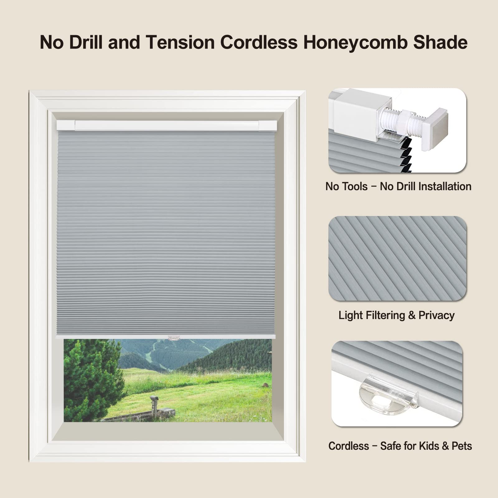 No Drill Cordless Honeycomb Window Blinds - Tile Blue Custom Cellular Shades with Tension Expansion, UV Protection & Privacy - Perfect for Home & Office Windows (Inside Mount Only) - Ideal for Bedrooms, Living Rooms & Workspaces