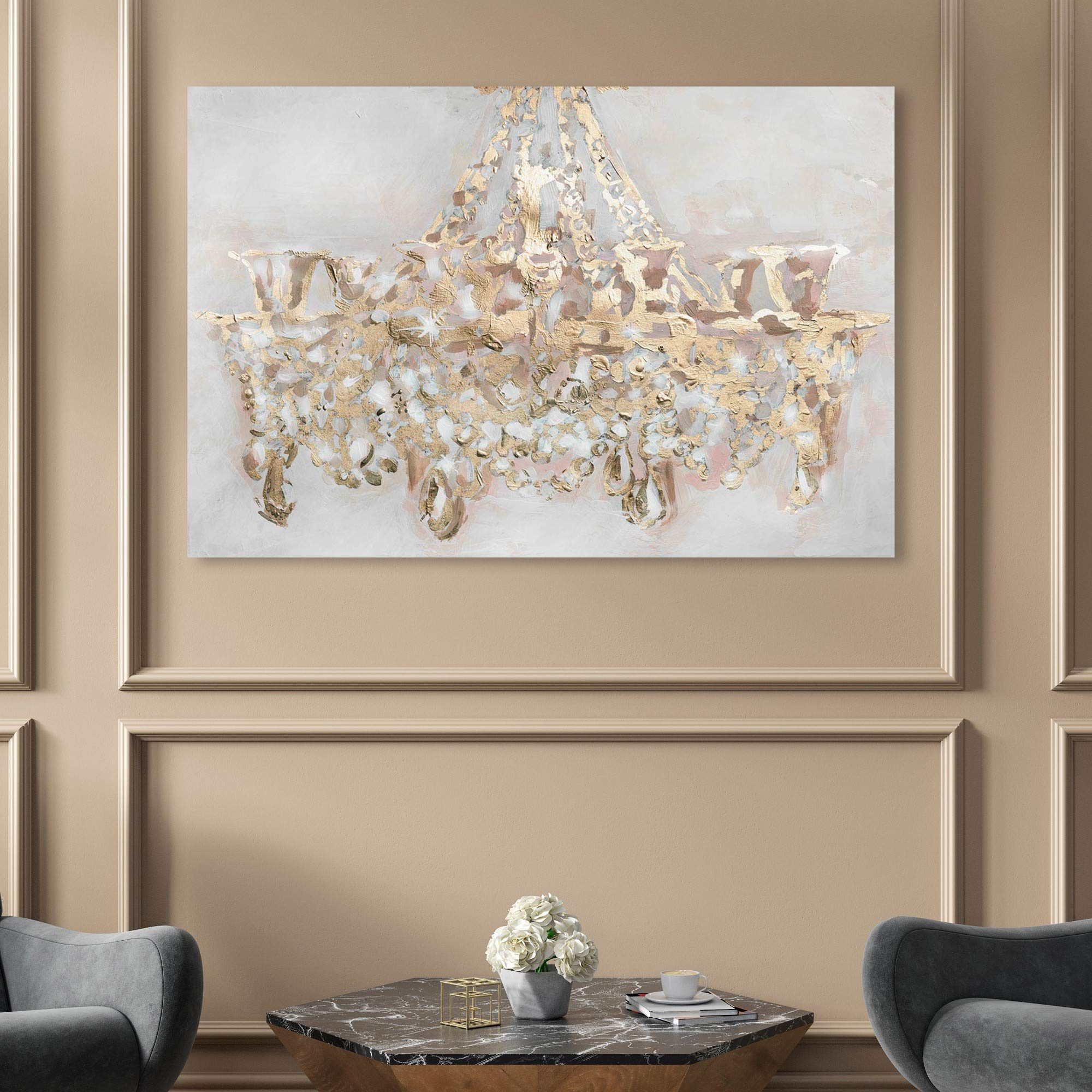 Oliver Gal Artist Co. 'Candelabro' Chandelier Wall Art Canvas Print - 54x36 Inches Gold & White Fashion Glam Home Decor - Perfect for Living Room, Bedroom, or Dining Room