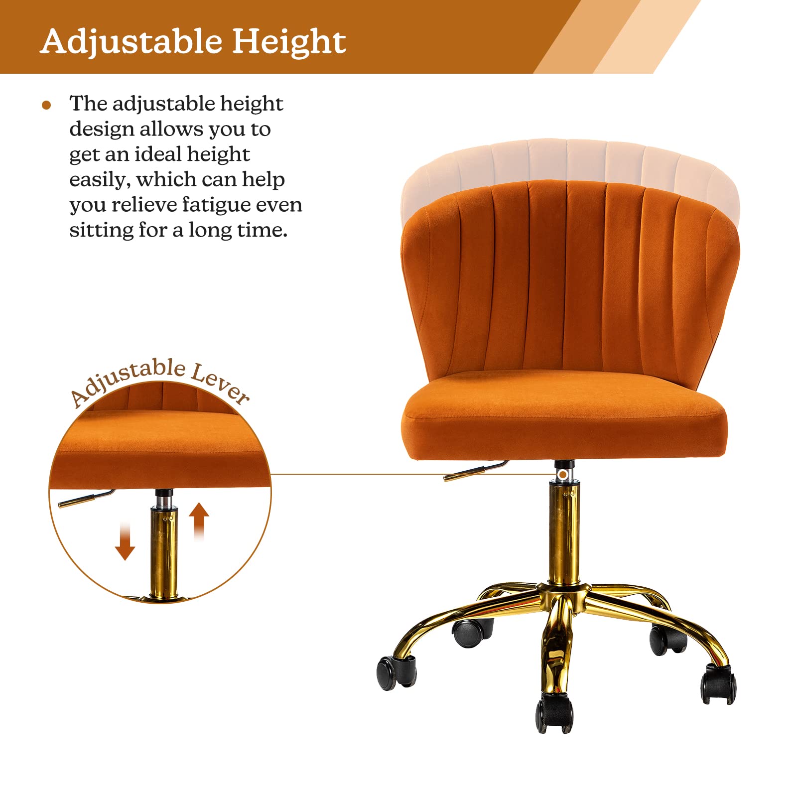 Modern Velvet Armless Office Chair with Wheels & Gold Base - Adjustable Low Back Swivel Rolling Task Chair for Home Office, Living Room, Vanity or Study - Soft Upholstered Desk Chair in Stylish Orange