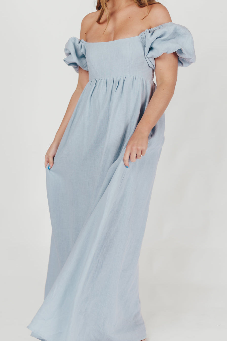 Candace Maxi Dress in Light Blue | 100% Linen Maternity Dress | Bump Friendly & Comfortable | Perfect for Summer, Beach, and Casual Outings