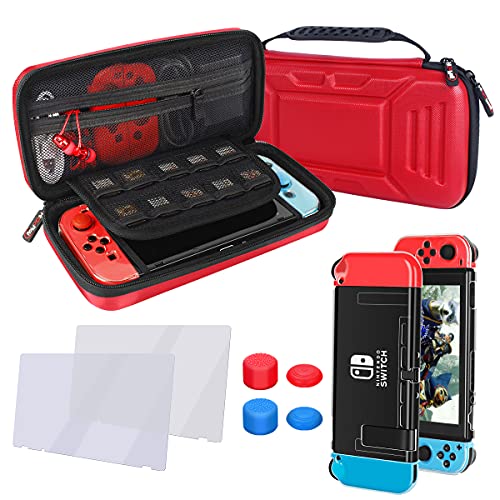 HIGOPLAY 5-in-1 Nintendo Switch Carry Case Set with Clear Case Cover, Tempered Glass Screen Protector & Thumb Grip Caps - Portable Protective Travel Storage for Nintendo Switch Console (Red) - Perfect for Gaming On-The-Go, Travel Protection & Home Storage