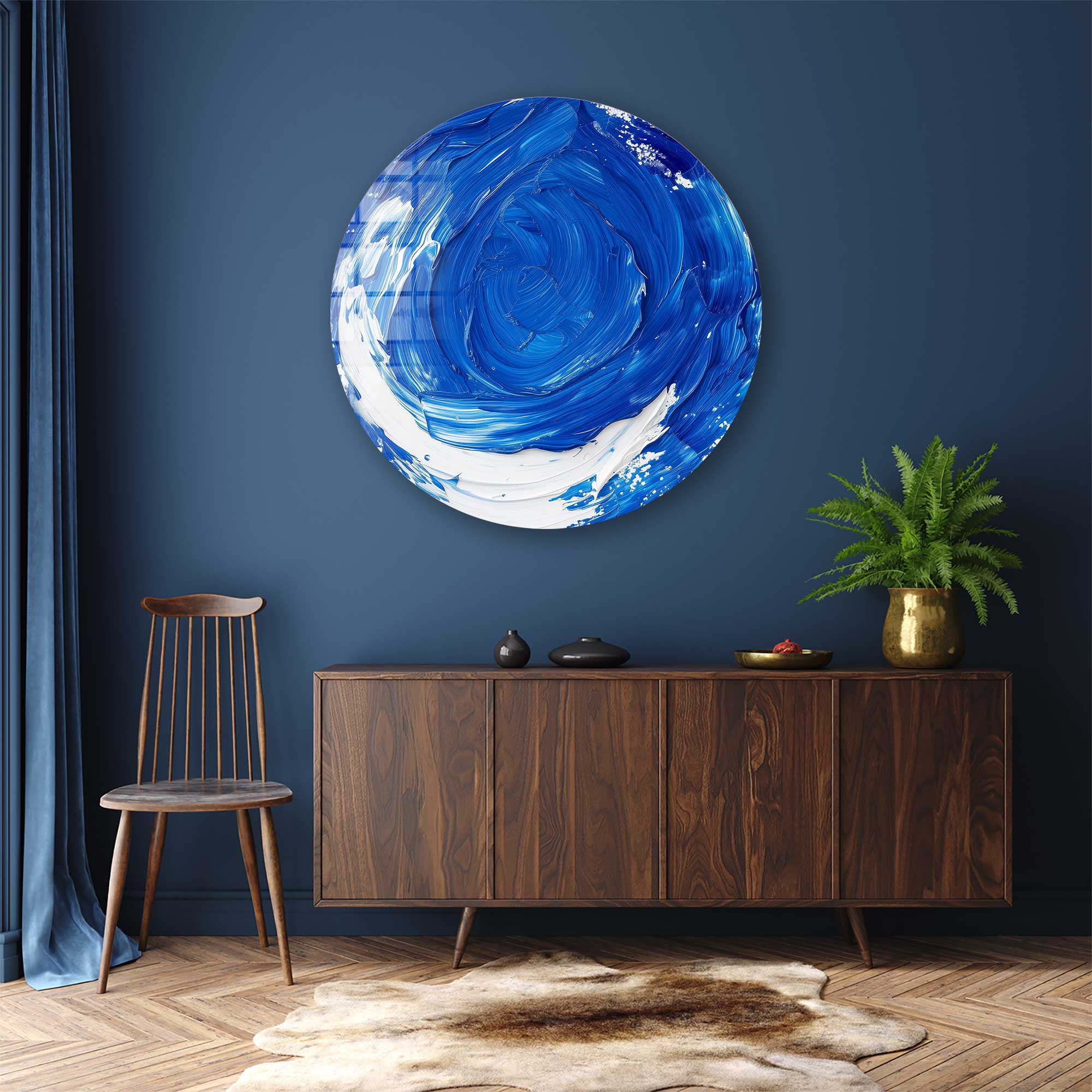 Abstract Ocean Blue Rounded Glass Wall Art - Modern Home Decor for Living Room, Bedroom & Office - Handmade Glass Artwork for Coastal & Contemporary Interior Design