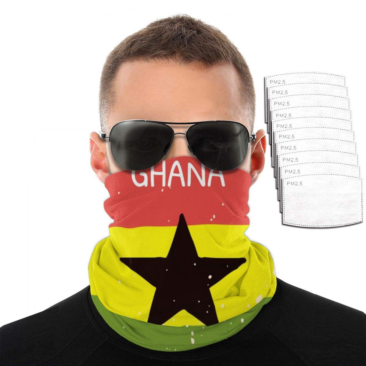 Ghana Flag Bandana Neck Gaiter Face Mask with 5-Layer Filters - Breathable & Adjustable for Outdoor Sports, Hiking, Cycling, and Daily Protection