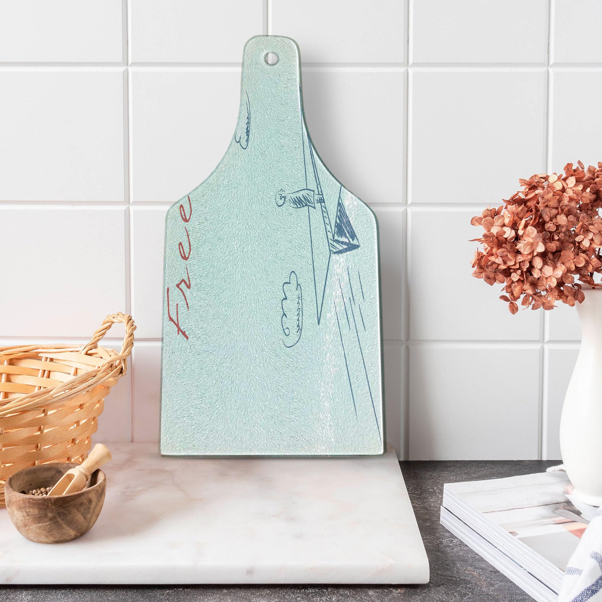 Ambesonne Adventure Wine Bottle Shaped Cutting Board - Hand Drawn Flying Paper Plane Sketch Design with Freedom Text Clouds - Tempered Glass Serving Board for Kitchen & Entertaining (Blue Grey Red White) - Perfect for Cheese Platters, Charcuterie & Wine Pairings