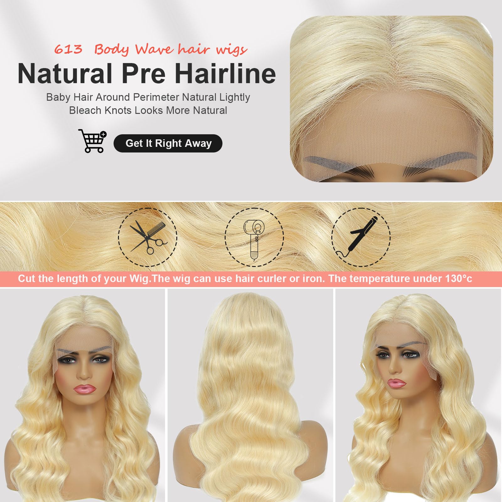 13x6 HD Lace Front Wig 30 Inch 613 Blonde Body Wave Human Hair - 200% Density Pre-Plucked Lace Frontal Wig for Daily Wear, Cosplay & Special Occasions
