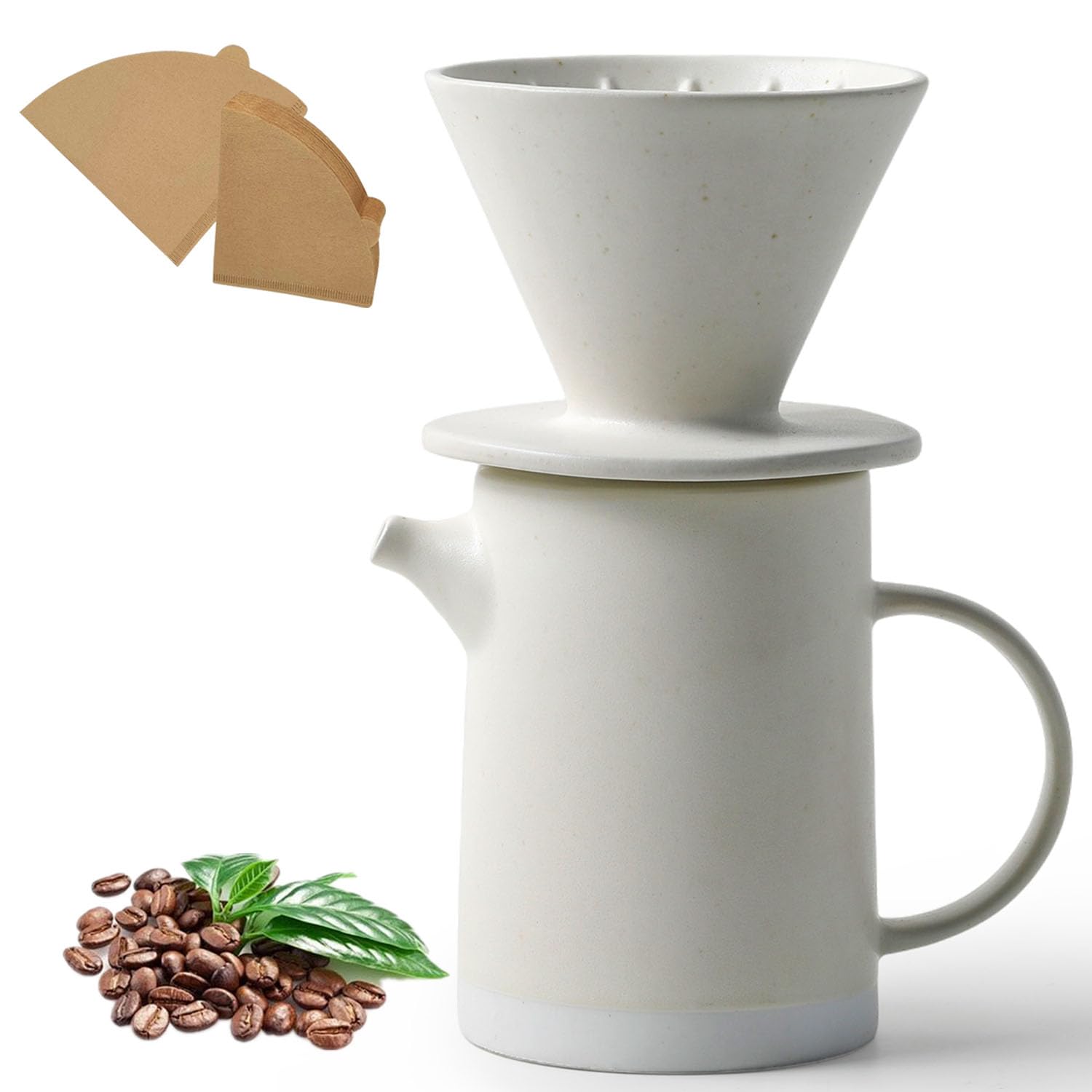 Vintage Ceramic V60 Pour Over Coffee Maker Set with 20 Paper Filters - 15.8oz White Dripper for Home, Café, Restaurant & Camping - Perfect for Specialty Coffee Brewing and Outdoor Adventures