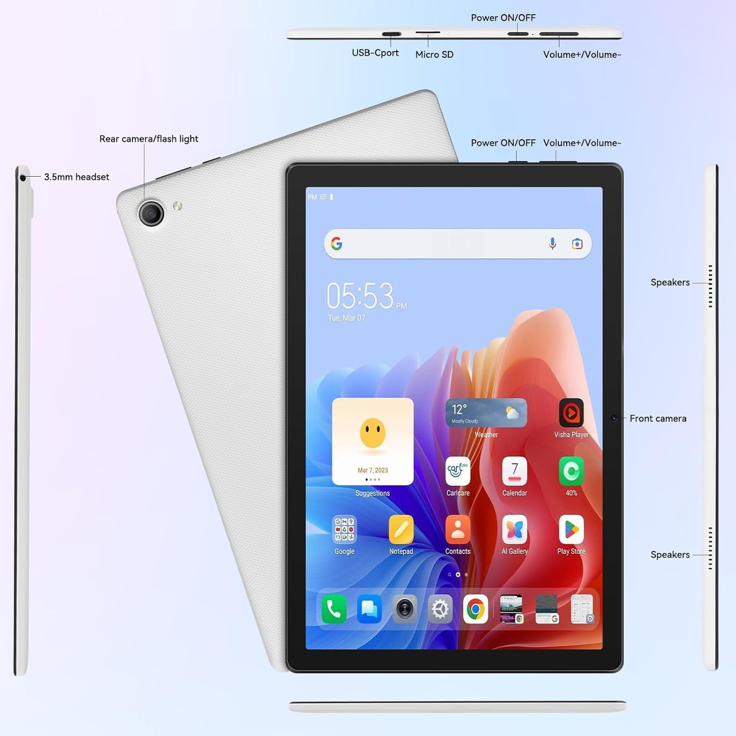 AEEZO C10WT 10.1 Inch Android Tablet - 8GB RAM 64GB Storage, WiFi, White | Portable Entertainment for Home, Travel & School Use