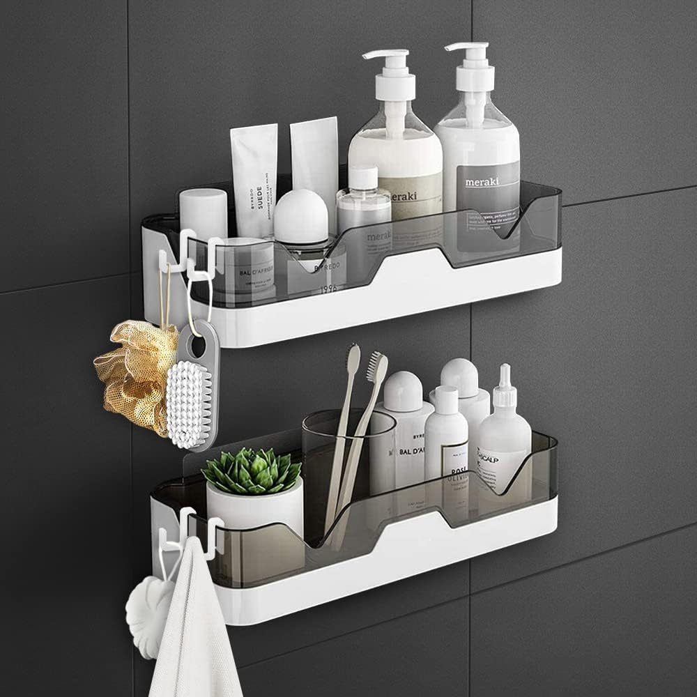 Premium Plastic Bathroom Organizer Set - Wall Mounted Shower Shelf with 2 Shelves & 4 Hooks - Space Saving Bath Accessories for Towels, Toiletries & Cosmetics - Perfect for Small Bathrooms, Apartments & Dorm Rooms