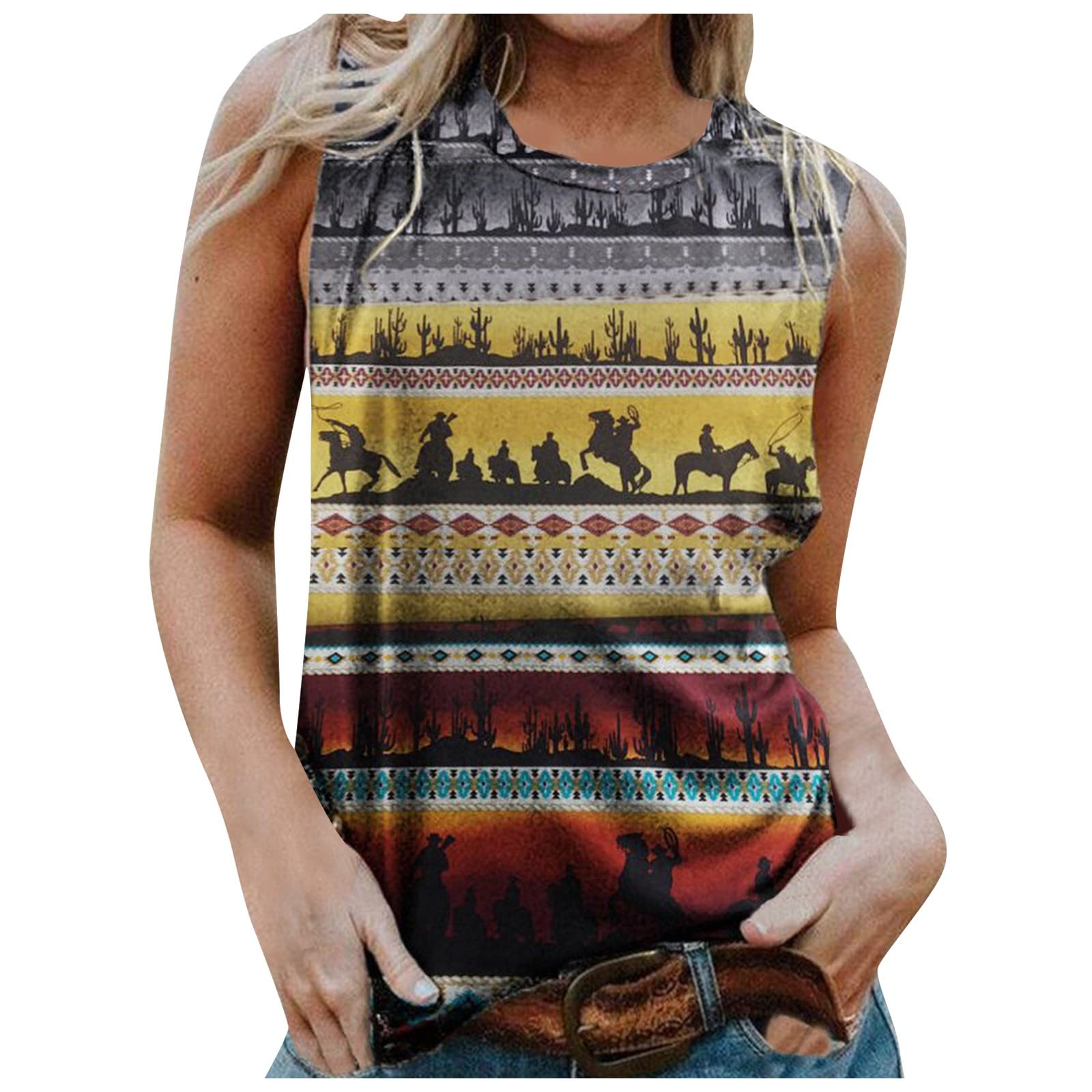 Retro Geometric Ethnic Sleeveless Women's Loose Fit O-Neck Casual Top - Perfect for Summer Outings, Beach Vacations & Boho Style Fashion