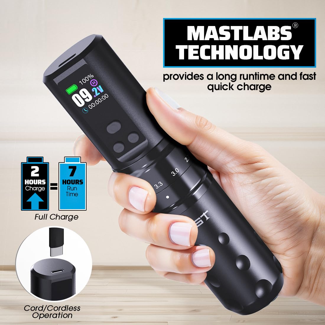 MCORE Mast Tattoo Fold2 Pro Wireless Tattoo Pen Machine - Professional Rotary Tattoo Gun with Smart LCD Display, 7 Adjustable Stroke Lengths & Powerful Motor for Tattoo Artists (Black) - Perfect for Studio Work, Home Tattooing & Professional Body Art Sessions
