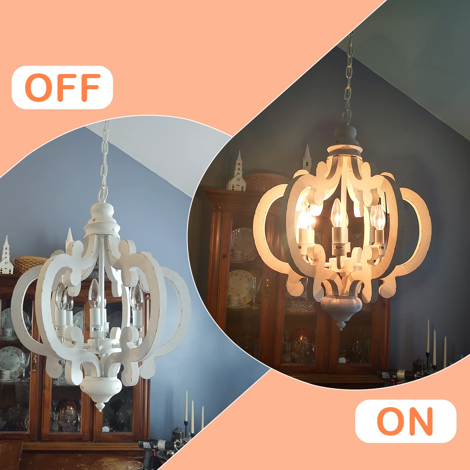 Farmhouse Chandelier 6-Lights Wooden Dining Room Light Fixture - Distressed White Candle Style Chandelier for Kitchen Island, Bedroom, Entryway & Living Room (20.1 Inch) - Perfect Rustic Lighting for Dining Tables, Kitchen Islands & Farmhouse Decor