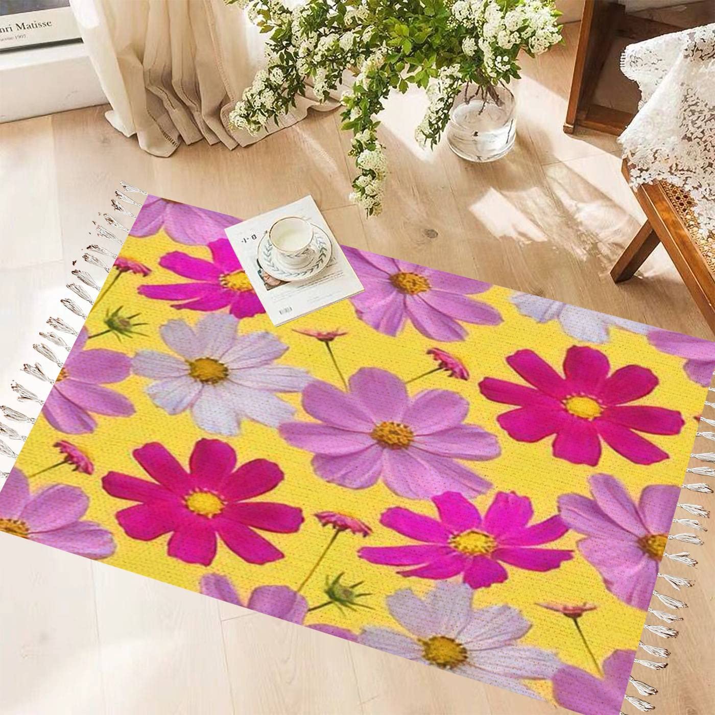Vintage Cotton Linen Rug with Colorful Floral Tassels - Boho Chic Washable Woven Carpet Featuring Cosmos Flowers on Yellow Background | Perfect for Kitchen, Bathroom, Outdoor & Boho Home Decor