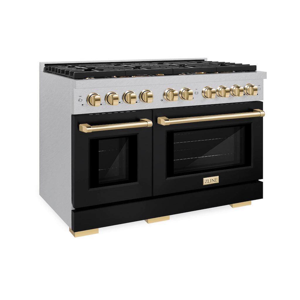 ZLINE Autograph Edition 48-inch 6.7 cu. ft. Paramount Double Oven Gas Range with 8-Burner Cooktop - Satin Stainless Steel with Black Matte Doors & Polished Gold Accents (SGRSZ BLM 48 G) - Perfect for Professional Kitchens & Luxury Home Cooking