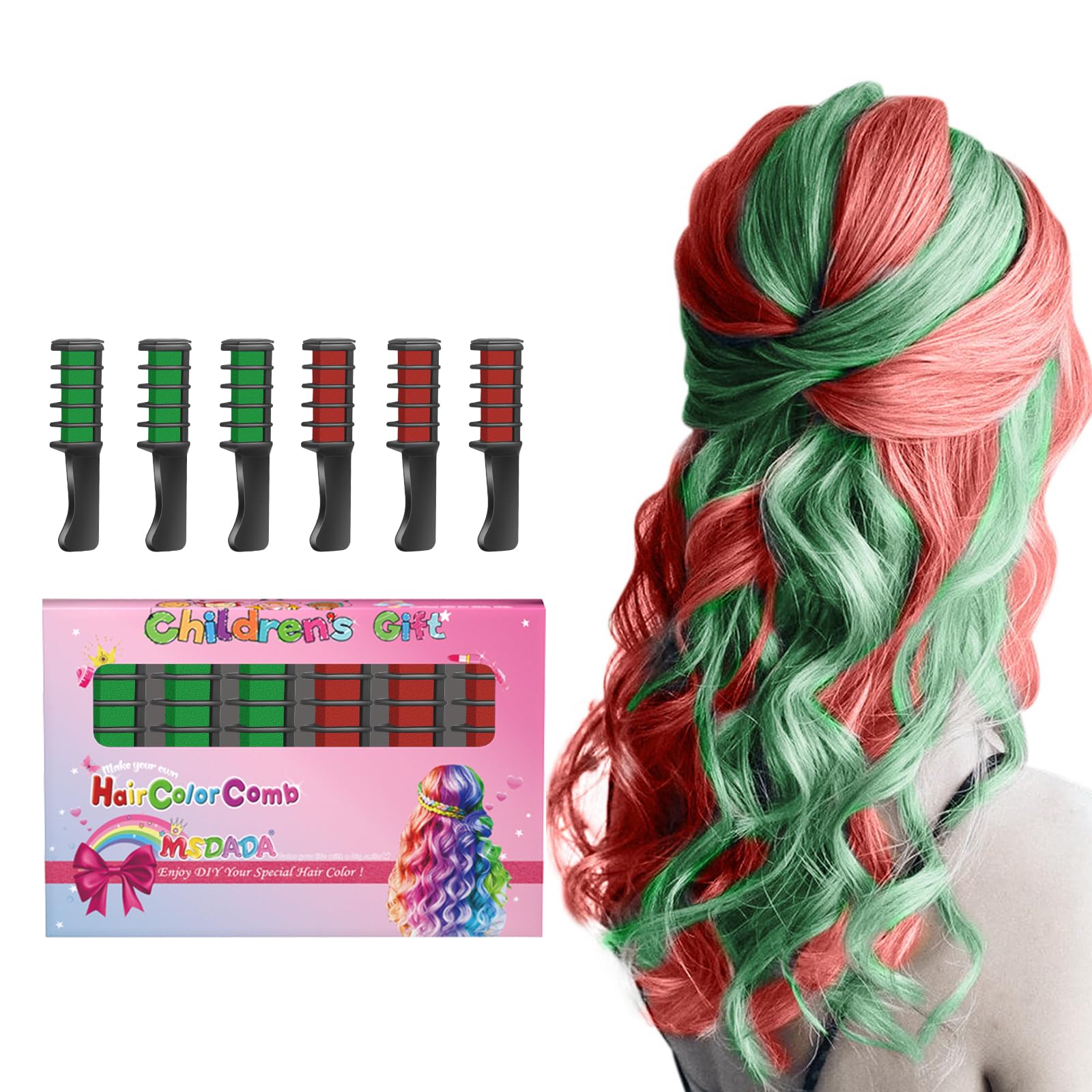 MSDADA Washable Temporary Hair Chalk Comb - Non-Toxic Hair Color Dye for Kids & Girls (4-10 Years), Easy to Apply & Remove - Perfect for Light Hair, Birthday Parties, Cosplay, Halloween, Christmas & New Year (Red & Green) - Fun DIY Hair Styling for Kids & Teens