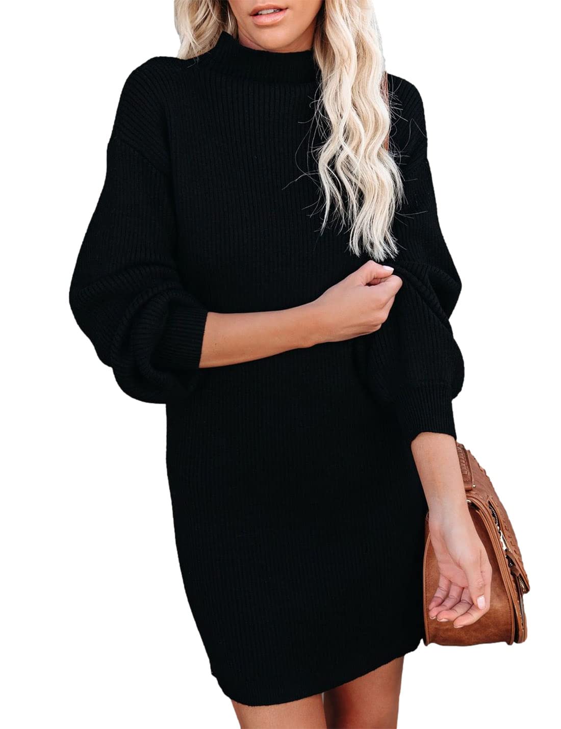 Women's Turtleneck Sweater Dress - Lantern Sleeve Bodycon Mini Pullover Dress for Fall/Winter | Cozy Knit Dress for Office, Date Night & Holiday Parties