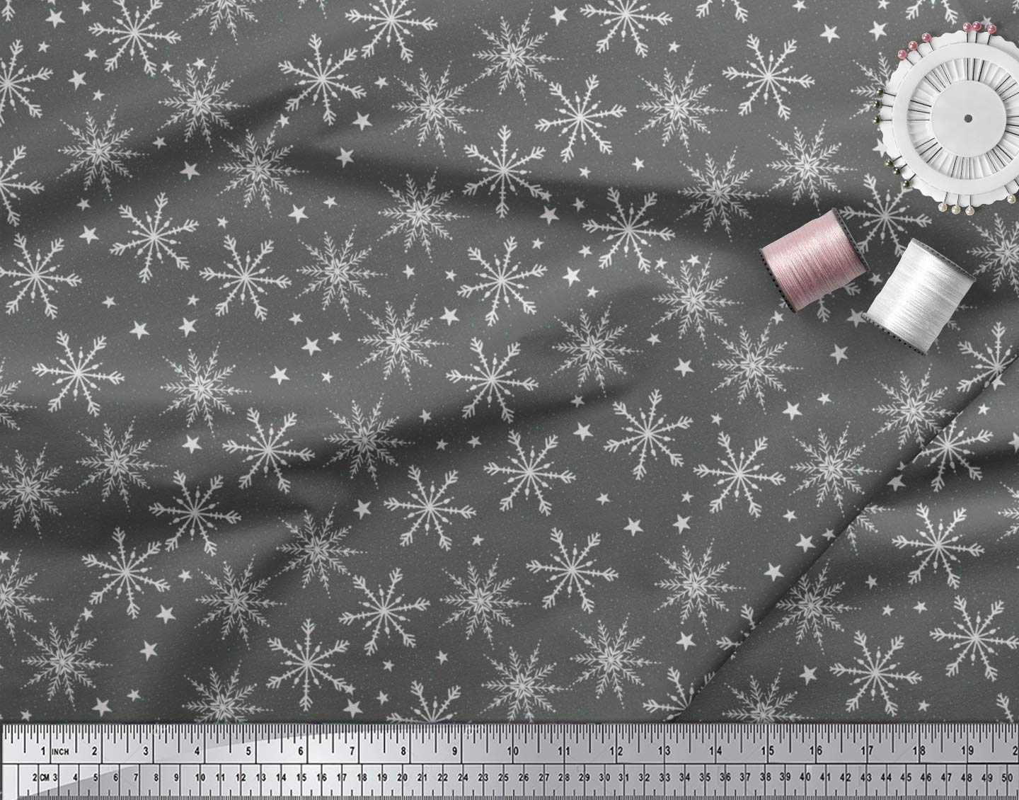 Soimoi Moss Georgette Gray Fabric by The Yard - 42 Inch Wide Printed Fabric with Snowflakes & Stars Pattern for Winter Dresses, Scarves & Home Decor