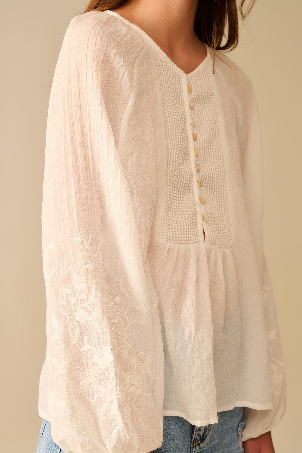 White Silk Chiffon Blouse with Embroidered Sleeves - Elegant Women's Top for Office, Party & Special Occasions