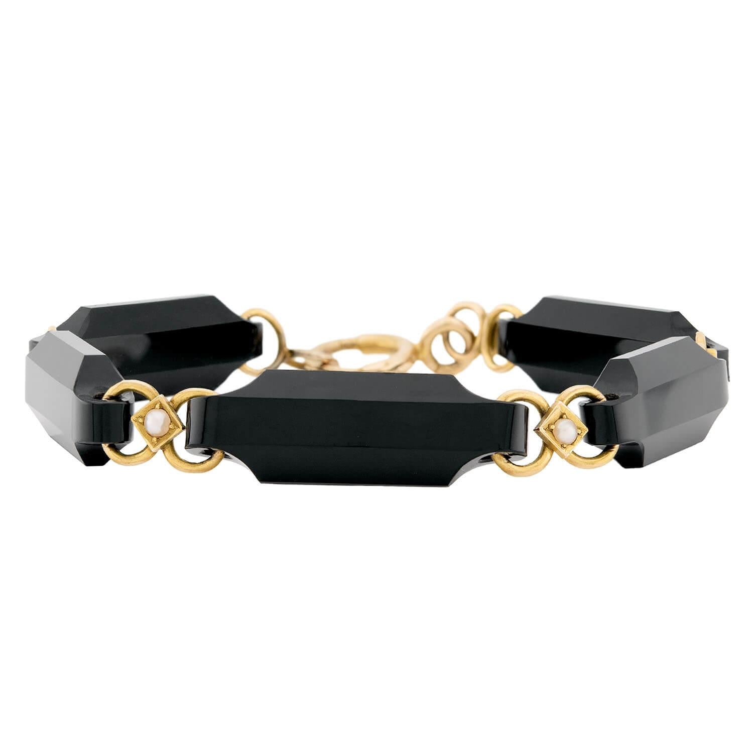 Victorian Style 14k Gold Onyx and Pearl Link Bracelet for Women - Elegant Vintage Jewelry Gift for Anniversary, Wedding & Special Occasions