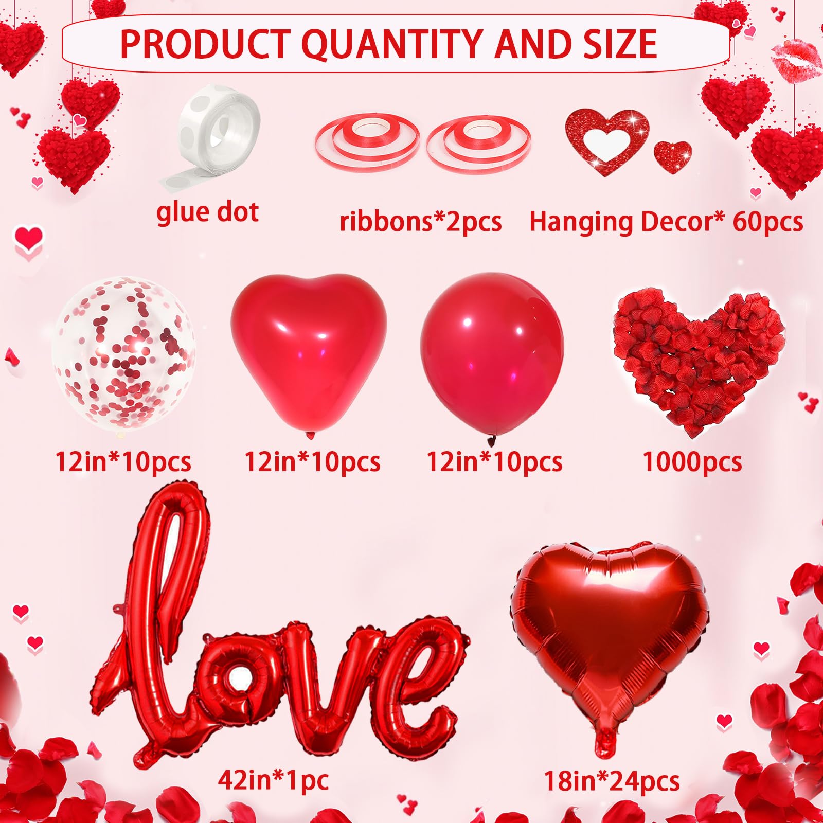 Romantic Valentine's Day Decorations Set - Red Heart Balloons, Love Balloons, Fake Rose Petals & Hanging Heart Decor for Wedding, Anniversary, Proposal & Romantic Party Decorations - Perfect for Bedroom, Restaurant & Photo Backdrop Scenes