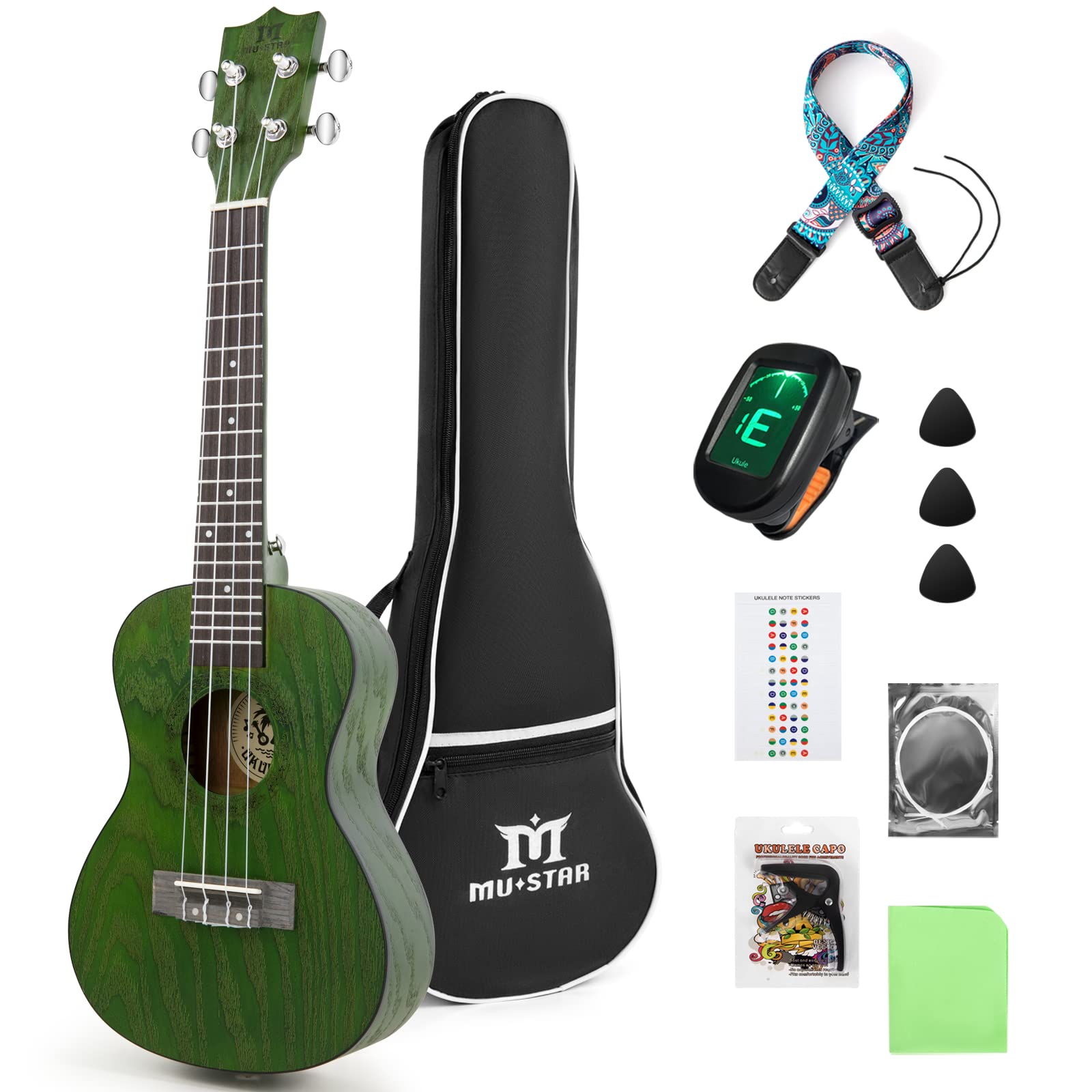 23 Inch Soprano Concert Ukulele Kit - Professional Mahogany Ukulele for Adults & Kids Beginners with Gig Bag, Digital Tuner, Strap & Nylon Strings | Perfect Christmas Gift, Birthday Present & Music Learning Instrument (Green)