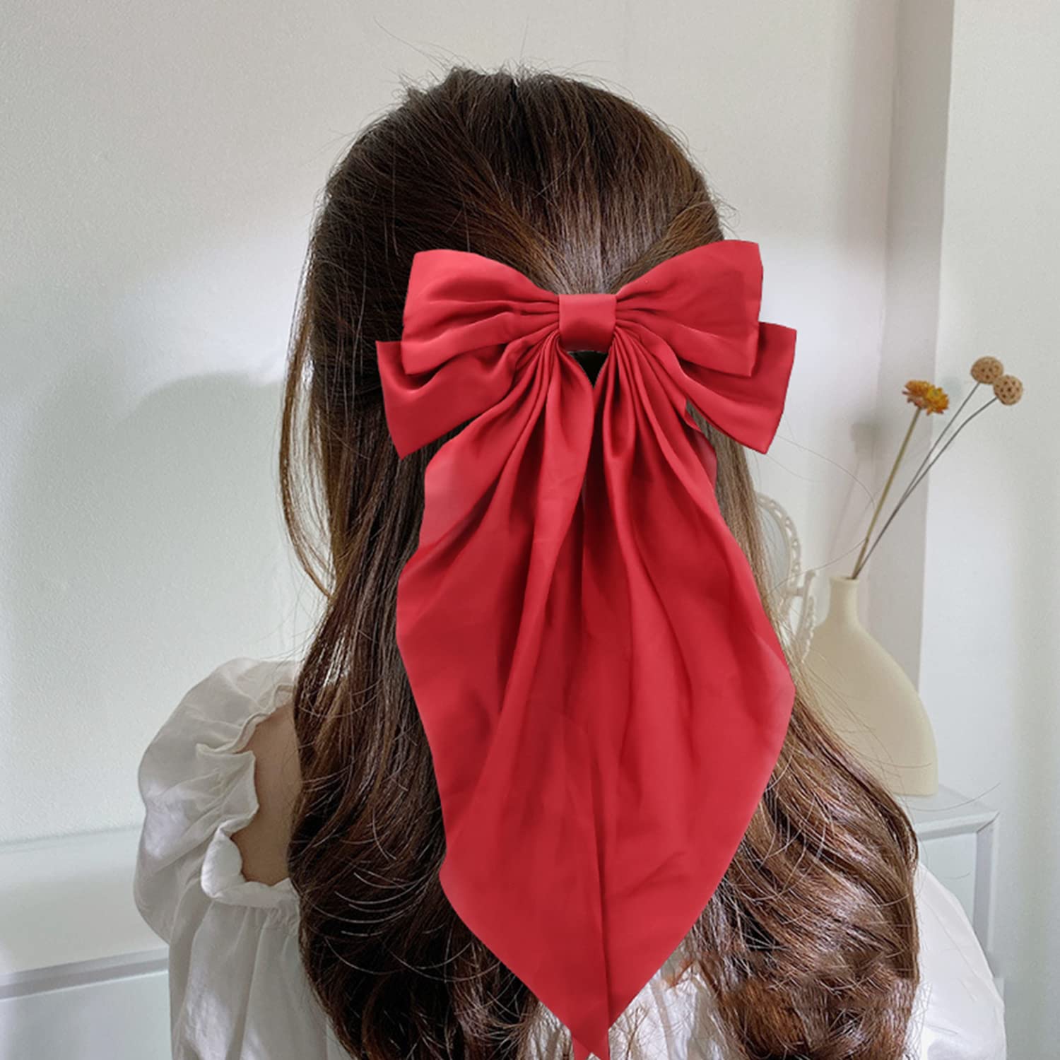 6 Pack Oversized Satin Hair Bows for Women - Large Bow Hair Clips with Long Silky Ribbon Tails - Elegant French Barrette Ponytail Holder for Parties, Weddings & Daily Hair Accessories