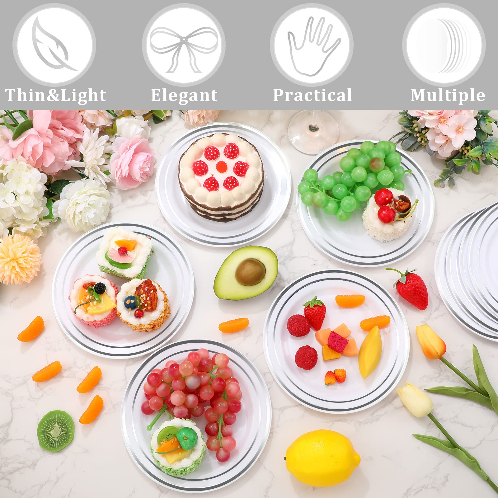 150-Piece Disposable Plastic Plates Set - 7.5 Inch White Silver Salad & Dessert Plates with Decorative Rim - Bulk Party Supplies for Weddings, Birthdays, Picnics & Catering Events (Ideal for Serving Cakes, Appetizers & Finger Foods)