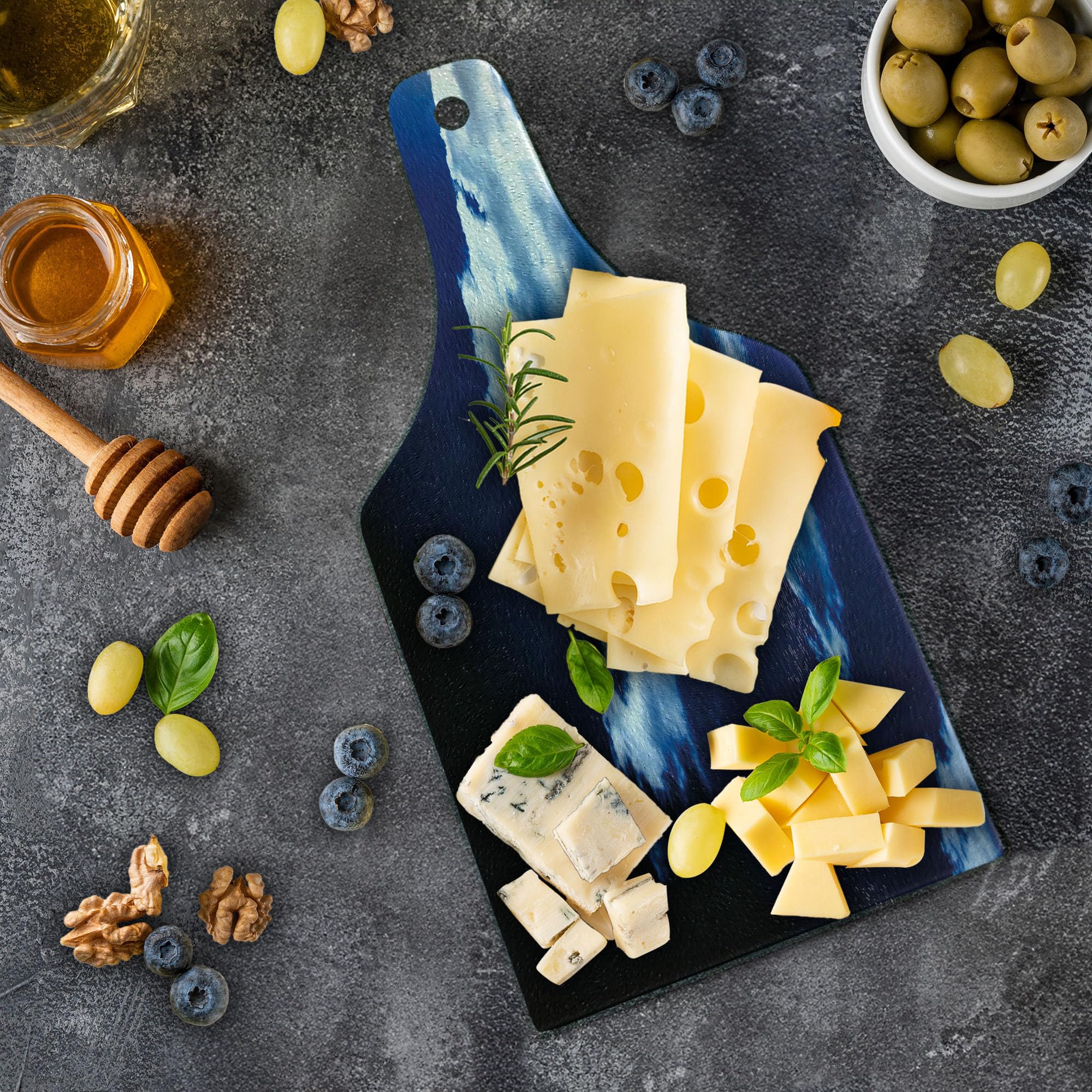 Ambesonne Dark Blue Tempered Glass Cutting Board - Sky & Dramatic Clouds Sunset Sunrise Design - Decorative Serving Board for Kitchen & Dining - Wine Bottle Shape - Blue, Dark Blue & White - Perfect for Cheese Platters, Charcuterie Boards & Wine Pairings