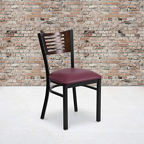 Walnut Wood Back/Burgundy Vinyl Seat/Black Metal Frame
