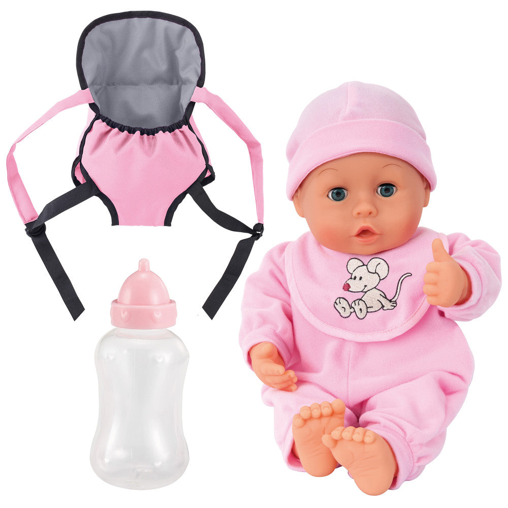 Bayer Design 13 My First Words Baby Doll with Carrier Set - Pink Mouse Outfit | Interactive Talking Doll for Toddlers | Perfect Gift for Girls Birthday & Pretend Play