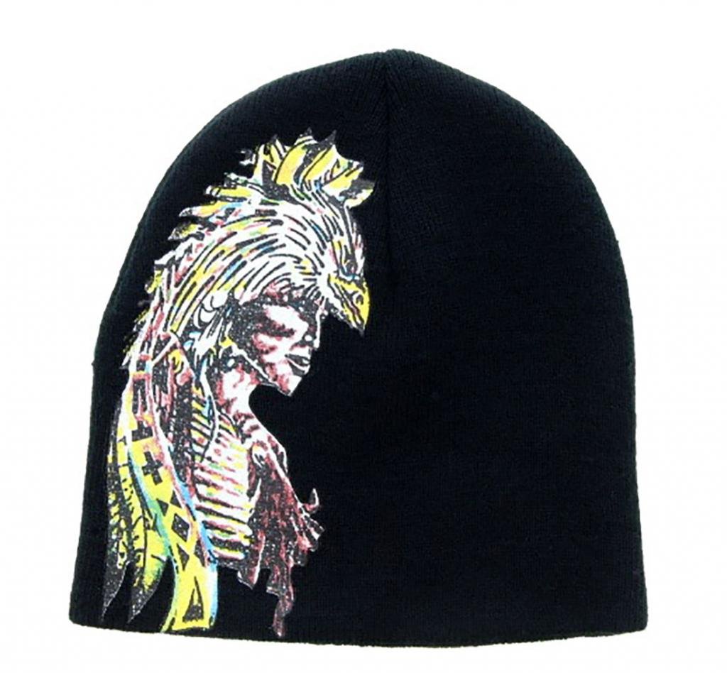 Milani Warm Eagle Feather Headress Print Short Beanie Cap Hat - Black Winter Beanie for Women & Men - Perfect for Outdoor Activities, Hiking, and Cold Weather Fashion
